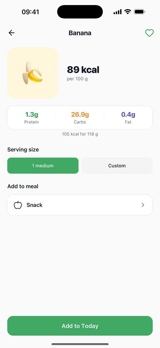 MacroSnap food detail screen with macros and serving size options